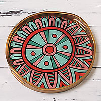 Reverse painted glass tray Inca Dawn Medallion Peru