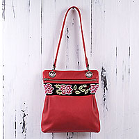 Leather and wool shoulder bag Red Roses Peru