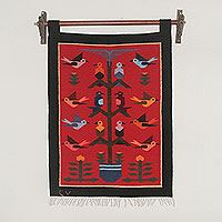 Wool tapestry, 'Red Birds in Eden' - Andean Handwoven Wool Tapestry with Birds on Red