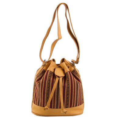 Leather accent wool blend bucket bag, 'Andean Paths' - Leather Trim Handwoven Andean Wool Blend Bucket Bag Purse