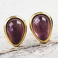 Gold plated amethyst button earrings,