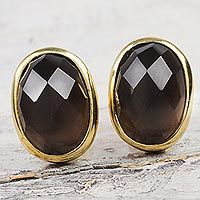 Gold plated smoky quartz button earrings,