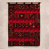 Wool tapestry, 'Crimson Inca Calendar' - Handwoven Red Wool Tapestry with Pre-Hispanic Motifs