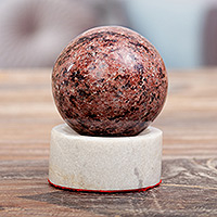Handcrafted Rhodochrosite Gemstone Sphere and Stand,'Red Planet'