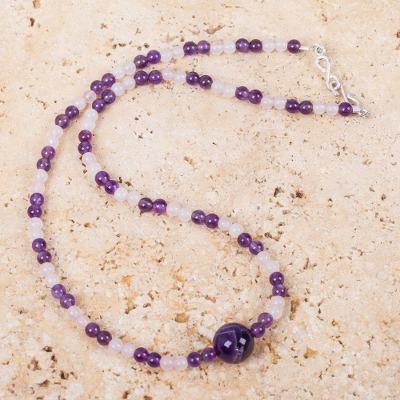 Rose quartz and amethyst beaded pendant necklace, Purple Rose