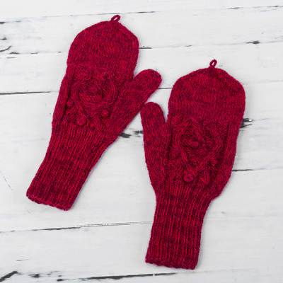 100% alpaca mittens, 'Cherry Braids' - Hand Knitted Andean 100% Alpaca Red Fingerless Mittens