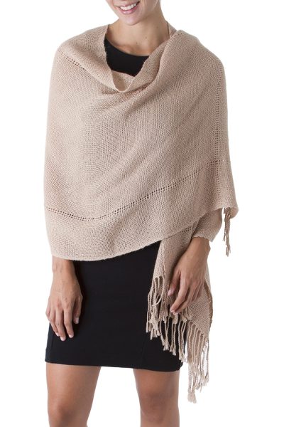 100% alpaca shawl, 'Timeless in Beige' - Baby Alpaca Backstrap Loom Shawl Handwoven in Beige