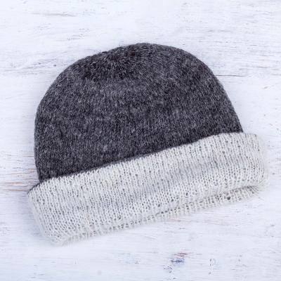 100% alpaca reversible hat, Snow at Dusk