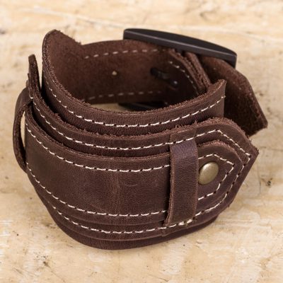 Leather wristband bracelet, 'Rugged Brown' - Unisex Dark Brown Leather Wristband Bracelet with Buckle