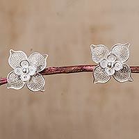 Sterling silver filigree flower button earrings,