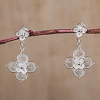 Sterling silver filigree flower dangle earrings,