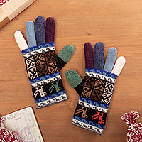 100% alpaca gloves, 'Peruvian Patchwork in Blue' - Artisan Crafted 100% Alpaca Colorful Gloves from Peru
