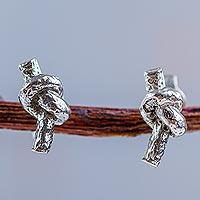Sterling silver button earrings, 'In a Knot' - Knot Design Button Earrings Crafted in 925 Sterling Silver