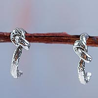 Sterling silver half hoop earrings, 'In a Knot' - 925 Sterling Silver Knot Design Half Hoop Earrings from Peru