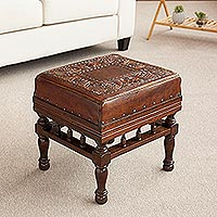 Wood and leather stool, 'Birds Among the Vines' - Artisan Crafted Wood and Leather Square Stool from Peru