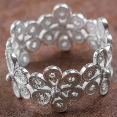 Hand Crafted Sterling Silver Floral Band Ring from Peru