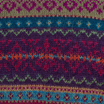 100% alpaca cardigan, 'Andean Weave in Aubergine' - 100% Alpaca Cardigan in Eggplant Floral Motifs from Peru