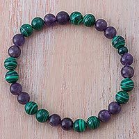 Amethyst and malachite beaded stretch bracelet,