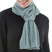 100% alpaca scarf, 'Celadon Braid' - Knitted Unisex Scarf in Celadon 100% Alpaca from Peru