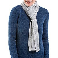 100% alpaca scarf, 'Dove Grey Braid' - Knitted Unisex Scarf in Dove Grey 100% Alpaca from Peru