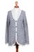 100% alpaca cardigan, 'Textured Andes' - Alpaca Wool Cardigan Prussian Blue Antique White from Peru (image 2a) thumbail