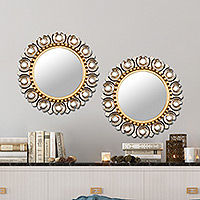 Mohena wood wall mirrors, 'Golden Fleur de Lis' (pair) - Pair of Mohena Wood Wall Mirrors with Bronze Leaf from Peru