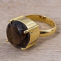 Gold plated smoky quartz single stone ring,