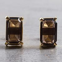 Gold plated smoky quartz stud earrings,
