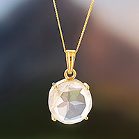 Gold plated quartz pendant necklace, 'Clear Reflections' - Gold Plated Sterling Silver Quartz Pendant Necklace Peru