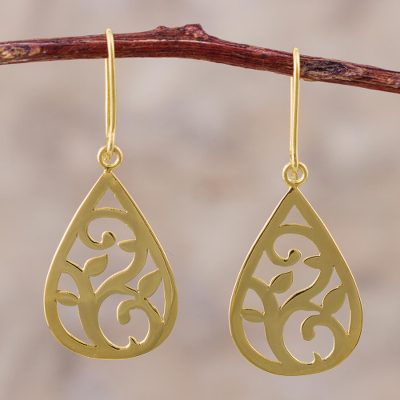 Gold plated sterling silver dangle earrings, Droplet Foliage