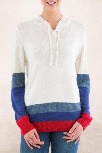 Hoodie sweater, 'Ivory Imagination' - Ivory Hoodie Sweater with Blue and Red Stripes