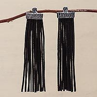 Sterling silver and leather waterfall earrings,