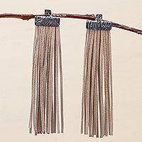 Sterling silver and leather waterfall earrings,