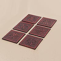 Leather coasters Floral Refreshment in Red set of 6 Peru