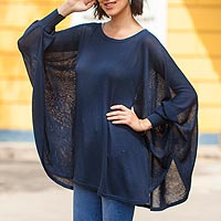 Cotton blend sweater, 'Ocean Breeze' - Soft Knit Bohemian Style Navy Blue Drape Sweater from Peru