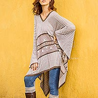 Cotton blend poncho, 'Memories Past' - Bohemian Poncho in Brown and White Stripes from Peru