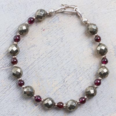 Garnet and pyrite beaded bracelet, Silvery Love