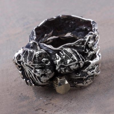Band Ring with Leaf and Tree Design in 925 Silver and Pyrite