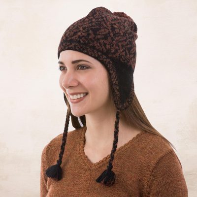 100% alpaca chullo hat, 'Floral Andes' - Alpaca Knit Floral Chullo Hat in Black and Brick from Peru
