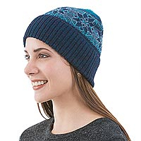 100% alpaca hat, 'Andean Snow' - 100% Alpaca Knit Hat in Teal and Seafoam from Peru