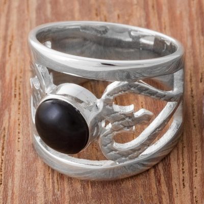 Obsidian and Sterling Silver Cocktail Ring from Peru