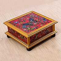 Reverse painted glass decorative box Winter Butterflies in Red Peru