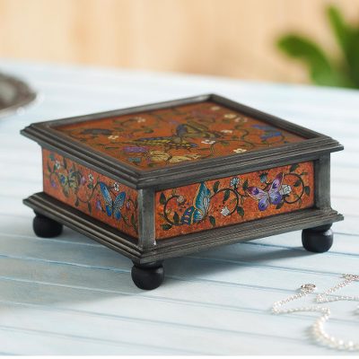 Reverse painted glass decorative box, Orange Winter Butterflies