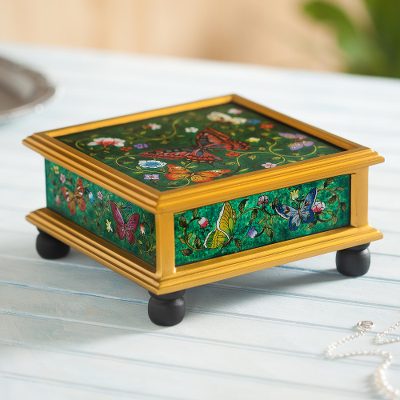 Reverse painted glass decorative box, Teal Winter Butterflies