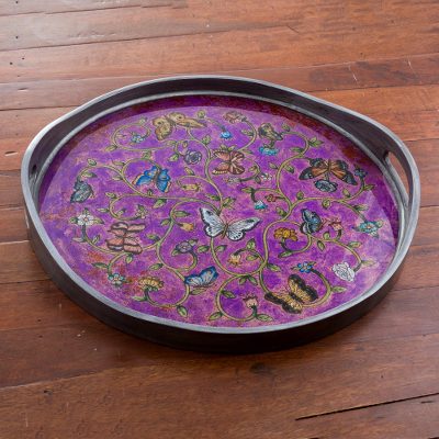 Reverse painted glass tray, Butterfly Waltz in Purple