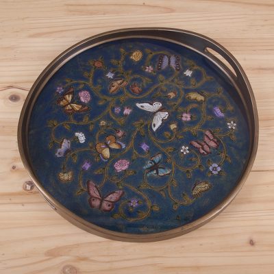 Reverse painted glass tray, Butterfly Waltz in Blue