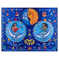 'Sirens of Water and Sirens of Fire' (2016) - Signed Painting of Musician Sirens and Eclipse Peru Folk Art