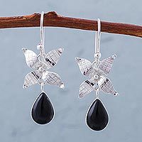 Obsidian flower dangle earrings,