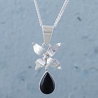 Obsidian flower pendant necklace,