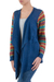 Cotton blend kimono-style cardigan, 'Market Walk in Blue' - Solid Blue Open Kimono Cardigan with Multicolor Sleeves (image 2b) thumbail